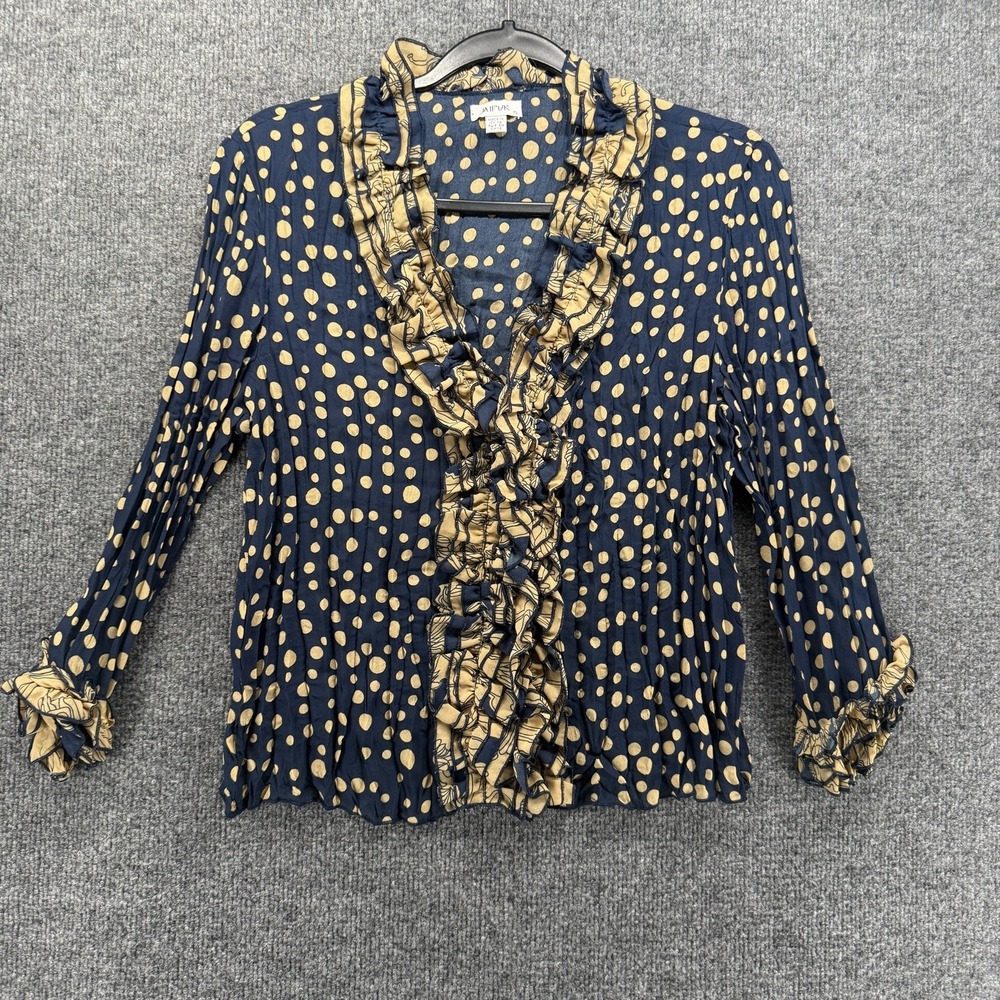 Vintage Y2K Jaipur Top Womens S Blue Polka Dots Crinkled Ruffle Button Up Grunge